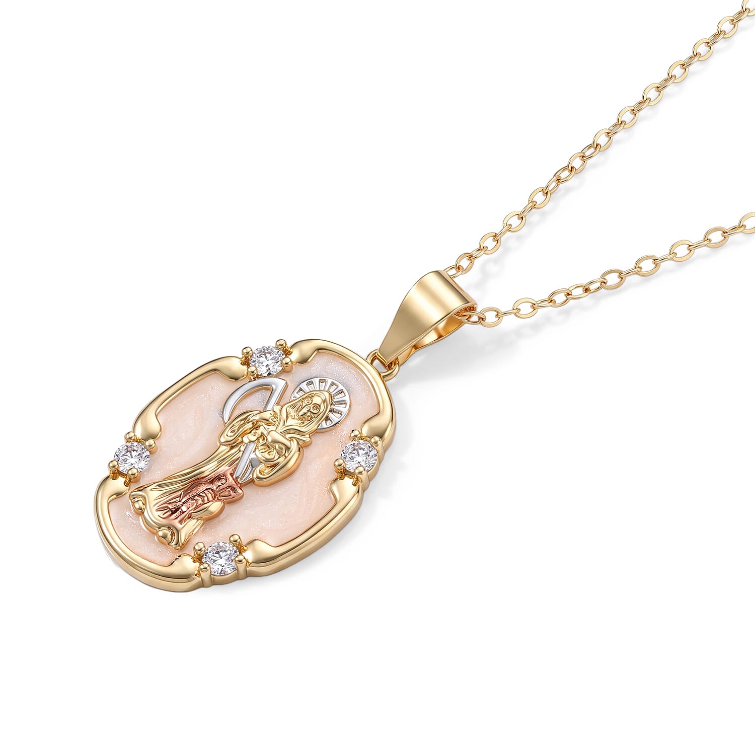 Simulated Diamond Line of Faith Santa Muerte Medallion Pendant Necklace in Goldtone 18-20 Inches