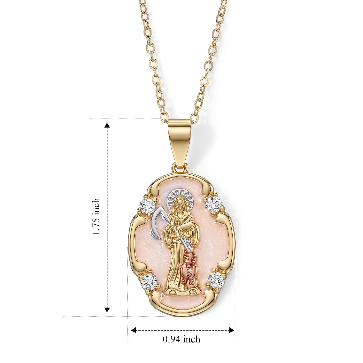 Simulated Diamond Line of Faith Santa Muerte Medallion Pendant Necklace in Goldtone 18-20 Inches