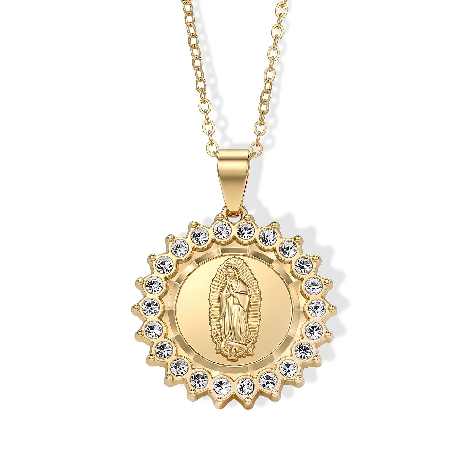 Simulated Diamond Line of Faith Virgin Mary Sunburst Pendant Necklace in Goldtone 18-20 Inches