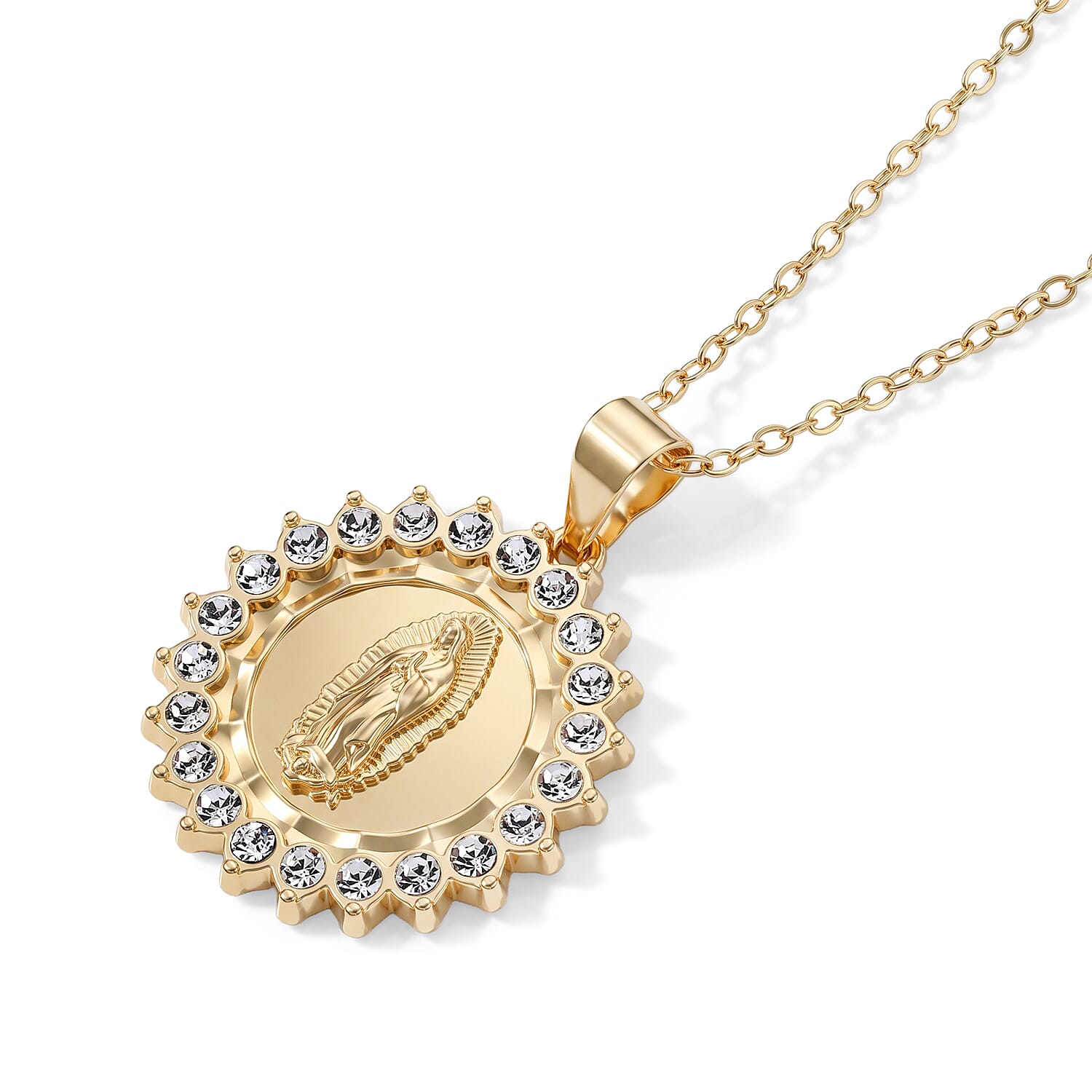 Simulated Diamond Line of Faith Virgin Mary Sunburst Pendant Necklace in Goldtone 18-20 Inches
