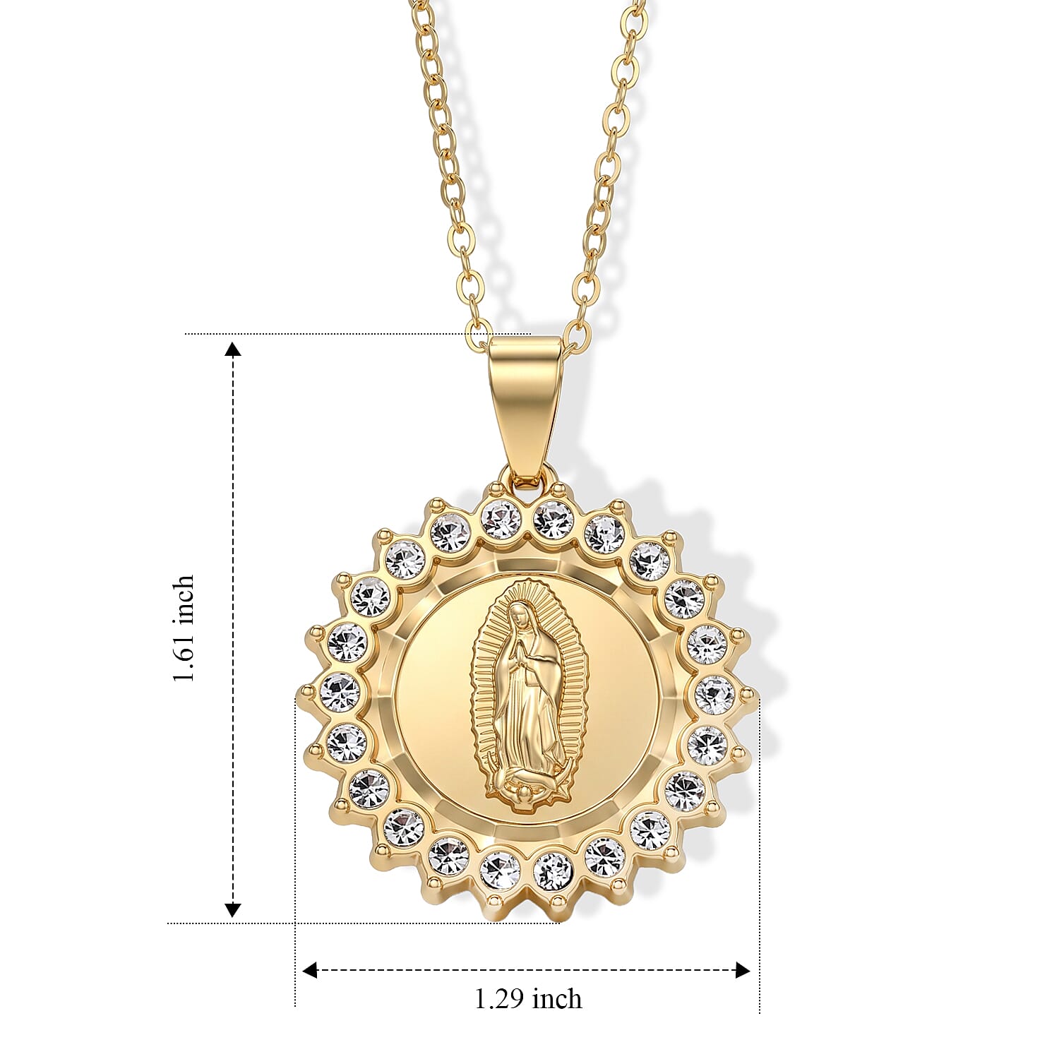 Simulated Diamond Line of Faith Virgin Mary Sunburst Pendant Necklace in Goldtone 18-20 Inches