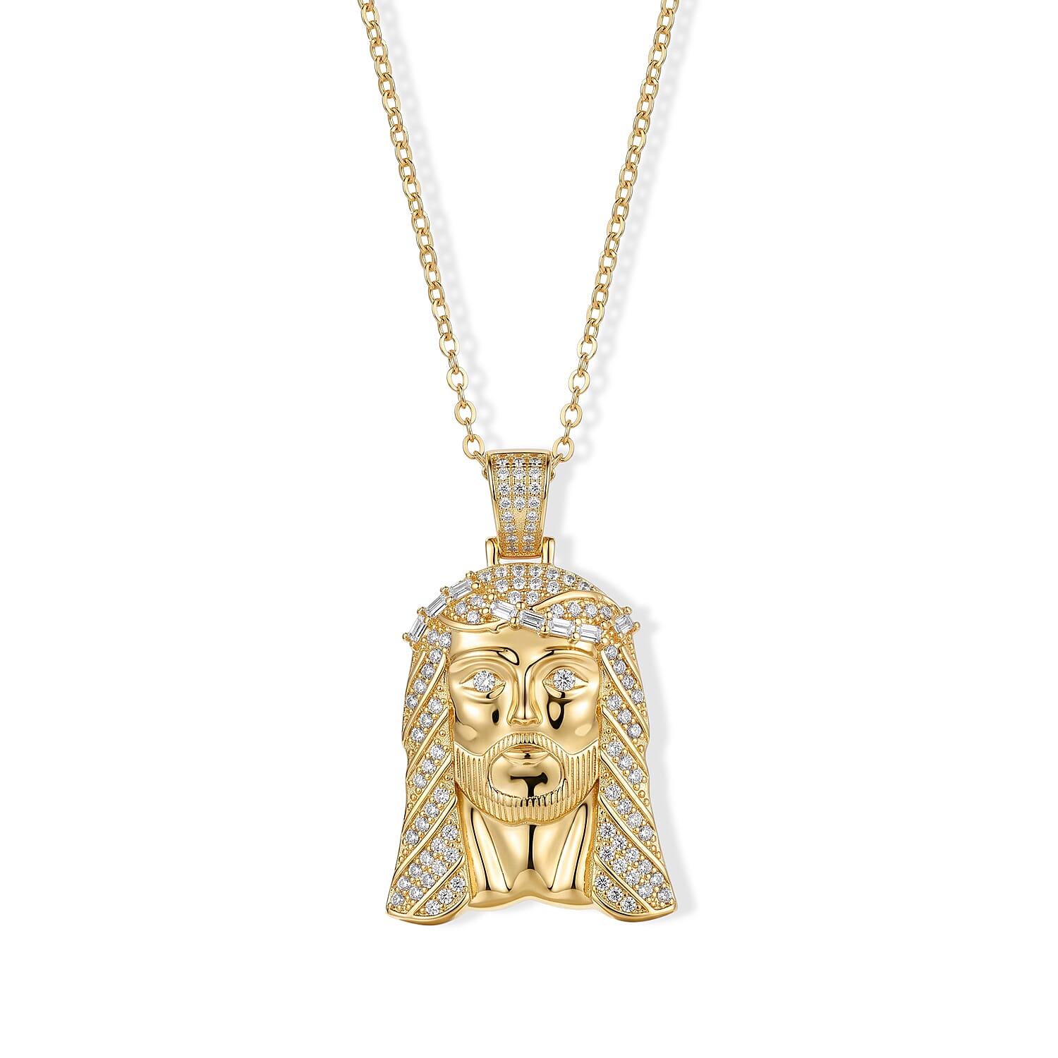 Simulated Diamond Line of Faith Jesus Face Pendant Necklace in Silvertone 18-20 Inches
