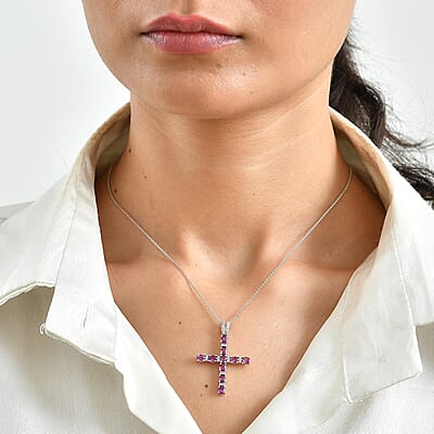 D'Joy Premium Radiant Ember Garnet and White Zircon 2.00 ctw Pendant Necklace in Rhodium Over Sterling Silver 20 Inches