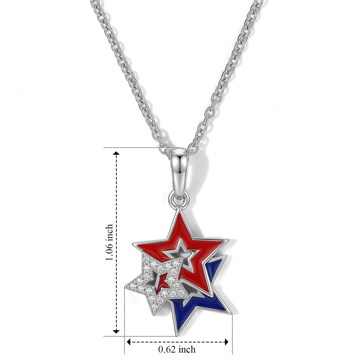 EverTrue White Zircon and Enameled 0.15 ctw Three Stars Pendant in Platinum Bond with Stainless Steel Necklace 20 Inches