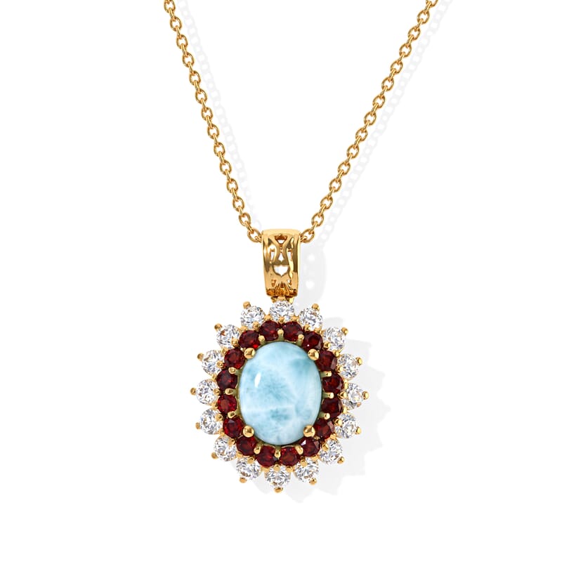 EverTrue Larimar and Multi Gemstone 7.60 ctw Sunburst Halo Pendant in 18K YG Plated with ION Plated YG Stainless Steel Necklace 20 Inches