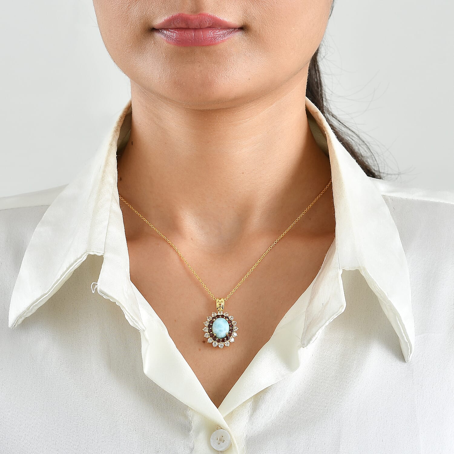 EverTrue Larimar and Multi Gemstone 7.60 ctw Sunburst Halo Pendant in 18K YG Plated with ION Plated YG Stainless Steel Necklace 20 Inches