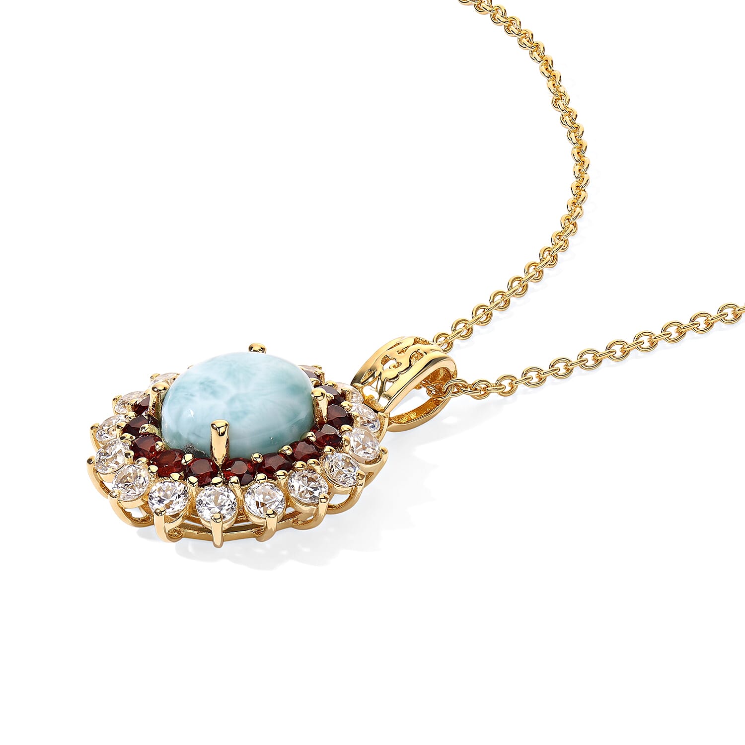 EverTrue Larimar and Multi Gemstone 7.60 ctw Sunburst Halo Pendant in 18K YG Plated with ION Plated YG Stainless Steel Necklace 20 Inches