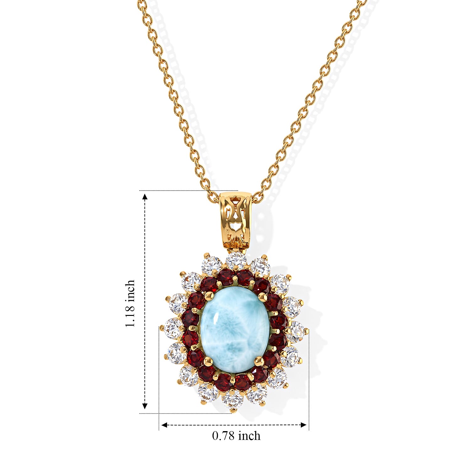 EverTrue Larimar and Multi Gemstone 7.60 ctw Sunburst Halo Pendant in 18K YG Plated with ION Plated YG Stainless Steel Necklace 20 Inches