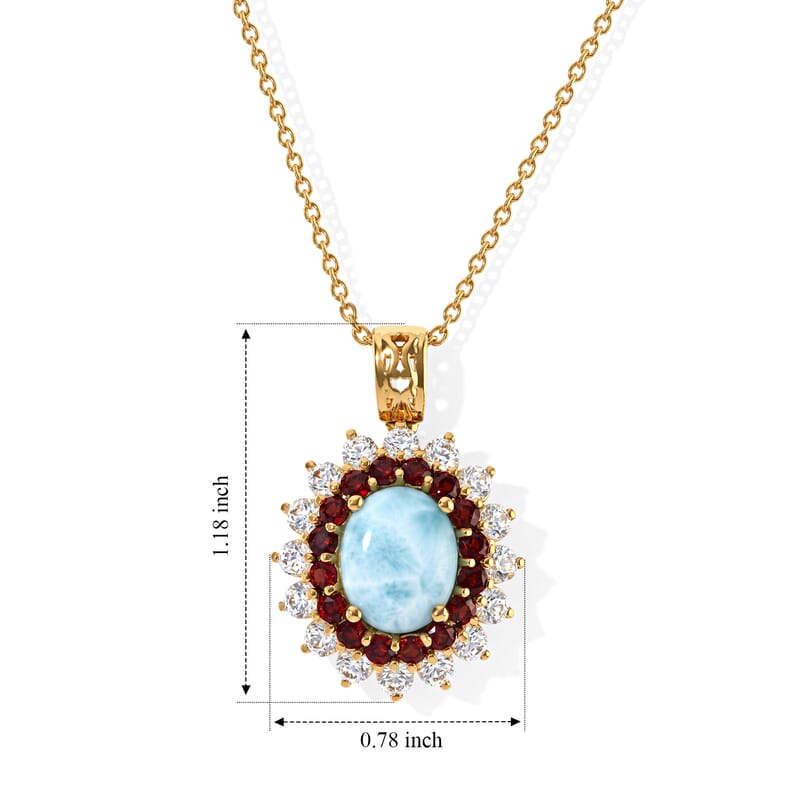 EverTrue Larimar and Multi Gemstone 7.60 ctw Sunburst Halo Pendant in 18K YG Plated with ION Plated YG Stainless Steel Necklace 20 Inches