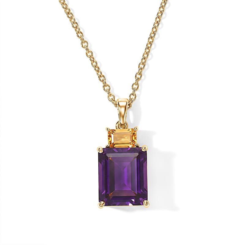 EverTrue African Amethyst and Brazilian Citrine 6.50 ctw Color-Block Fall Pendant in 18K YG Plated with ION Plated YG Stainless Steel Necklace 20 Inches