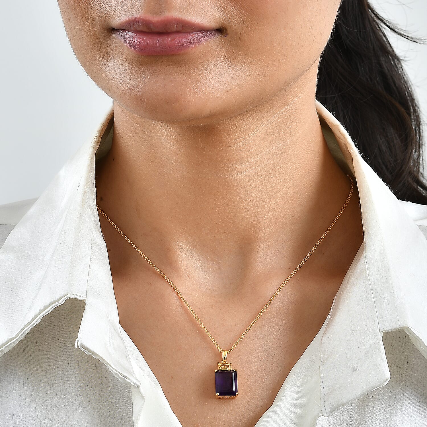 EverTrue African Amethyst and Brazilian Citrine 6.50 ctw Color-Block Fall Pendant in 18K YG Plated with ION Plated YG Stainless Steel Necklace 20 Inches
