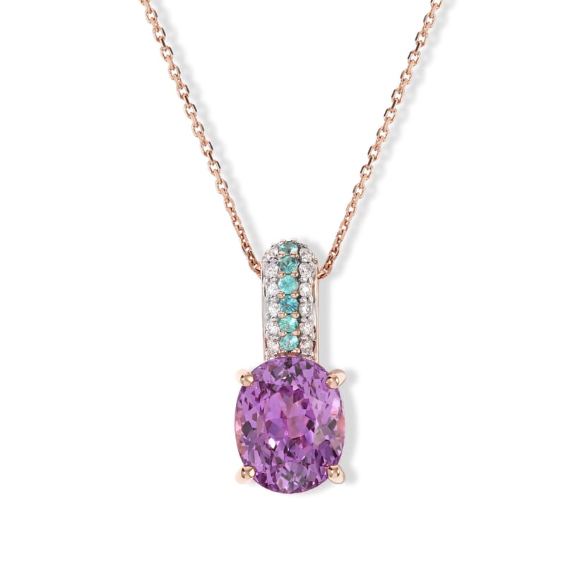 Luxoro AAA Patroke Kunzite, Paraiba Tourmaline and Diamond I2 3.60 ctw Azure Line Pendant Necklace in 10K Rose Gold 20 Inches
