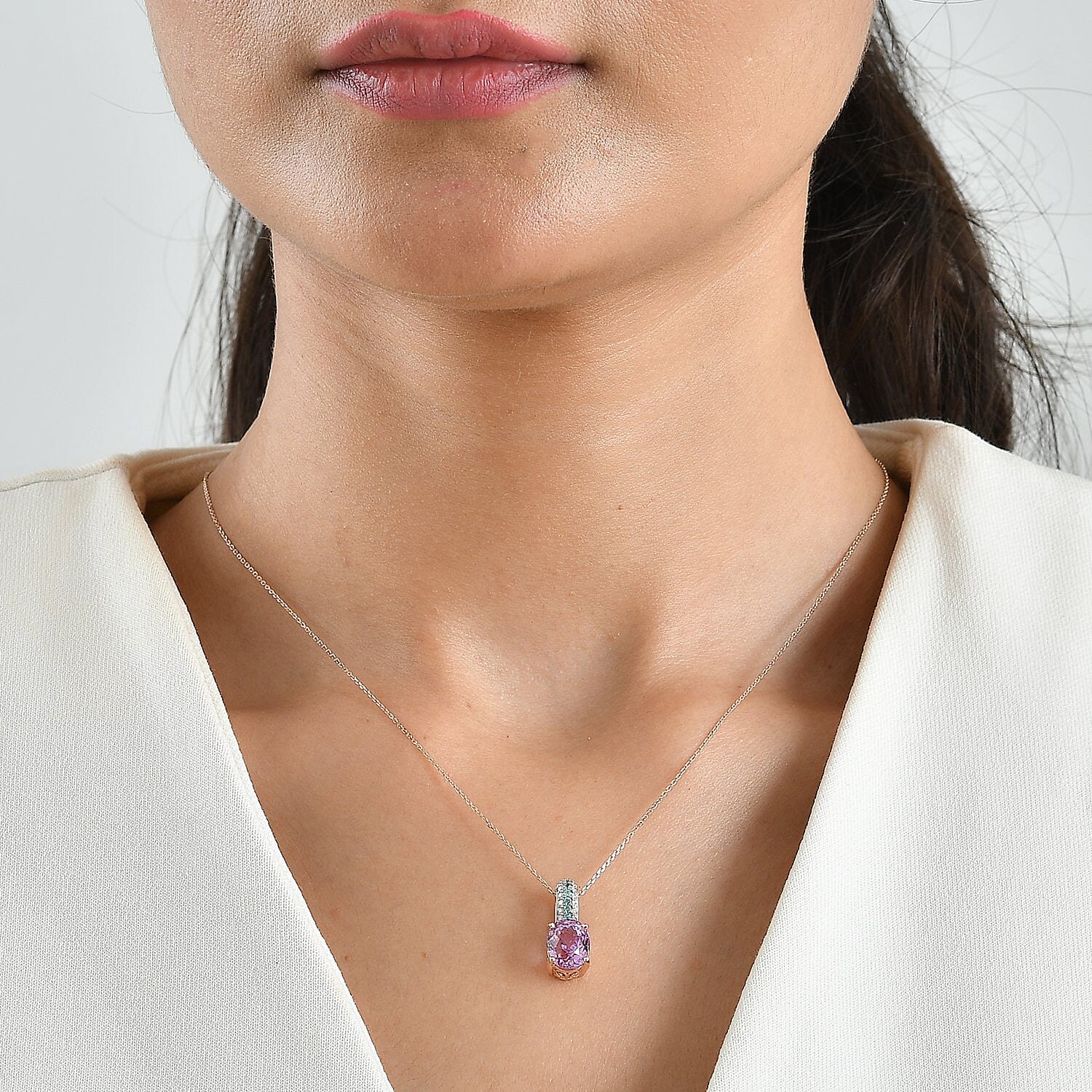 Luxoro AAA Patroke Kunzite, Paraiba Tourmaline and Diamond I2 3.60 ctw Azure Line Pendant Necklace in 10K Rose Gold 20 Inches