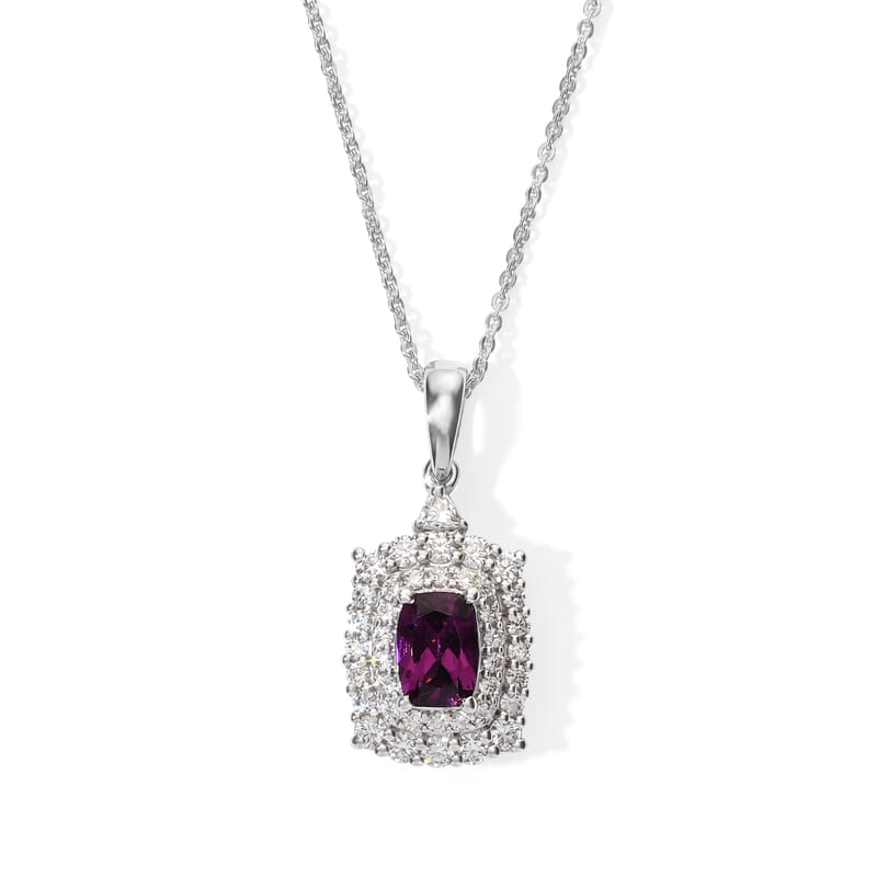 Certified and Appraised D'Joy Radiant Ember Garnet and Moissanite 1.80 ctw Pendant Necklace in Rhodium Over Sterling Silver (18 Inches)