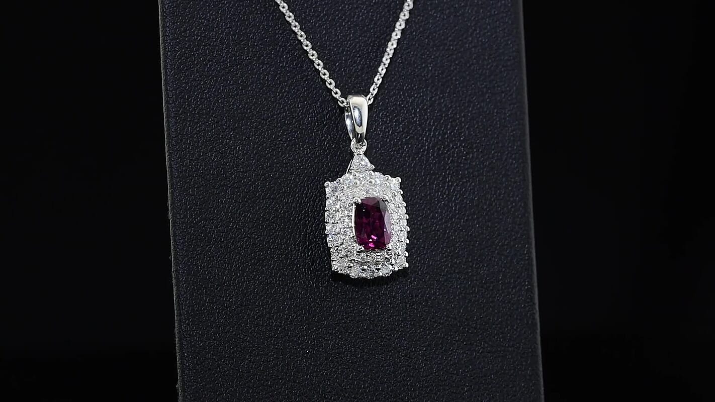 Certified and Appraised D''Joy Radiant Ember Garnet, Moissanite Pendant Necklace (18 Inches) in Rhodium Over Sterling Silver 1.80 ctw