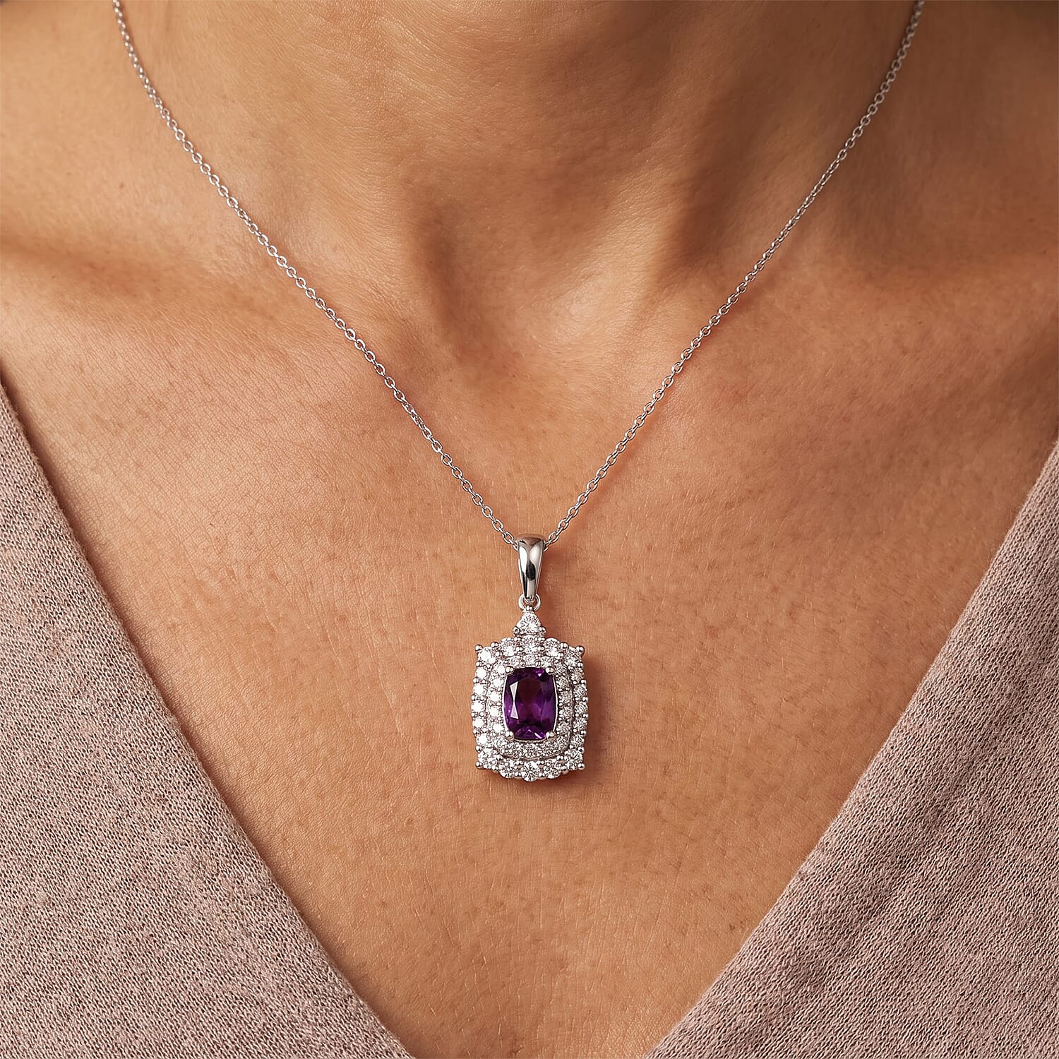 Certified and Appraised D'Joy Radiant Ember Garnet and Moissanite 1.80 ctw Pendant Necklace in Rhodium Over Sterling Silver (18 Inches)