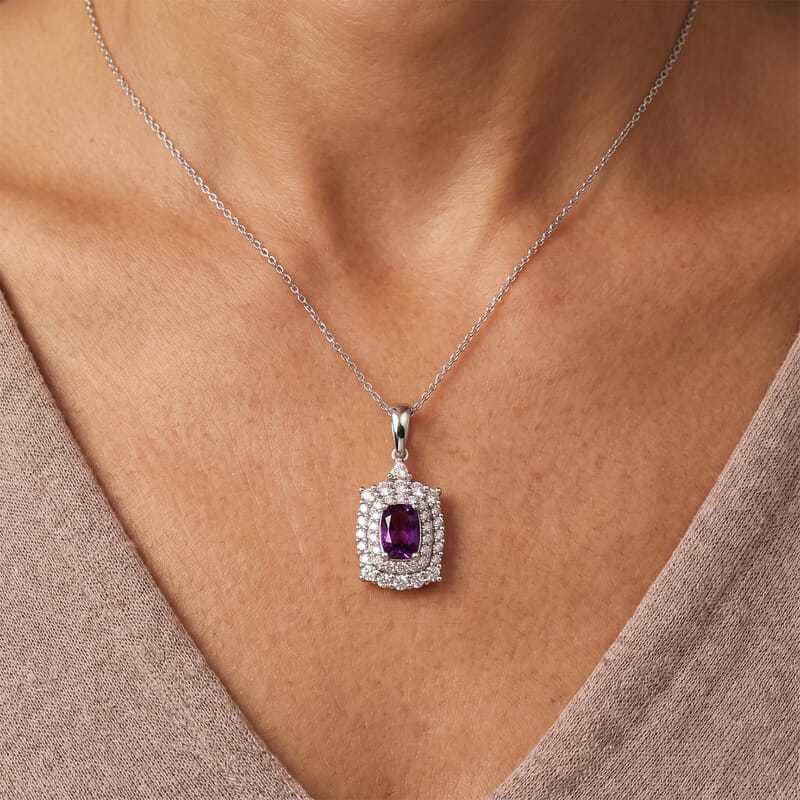 Certified and Appraised D'Joy Radiant Ember Garnet and Moissanite 1.80 ctw Pendant Necklace in Rhodium Over Sterling Silver (18 Inches)