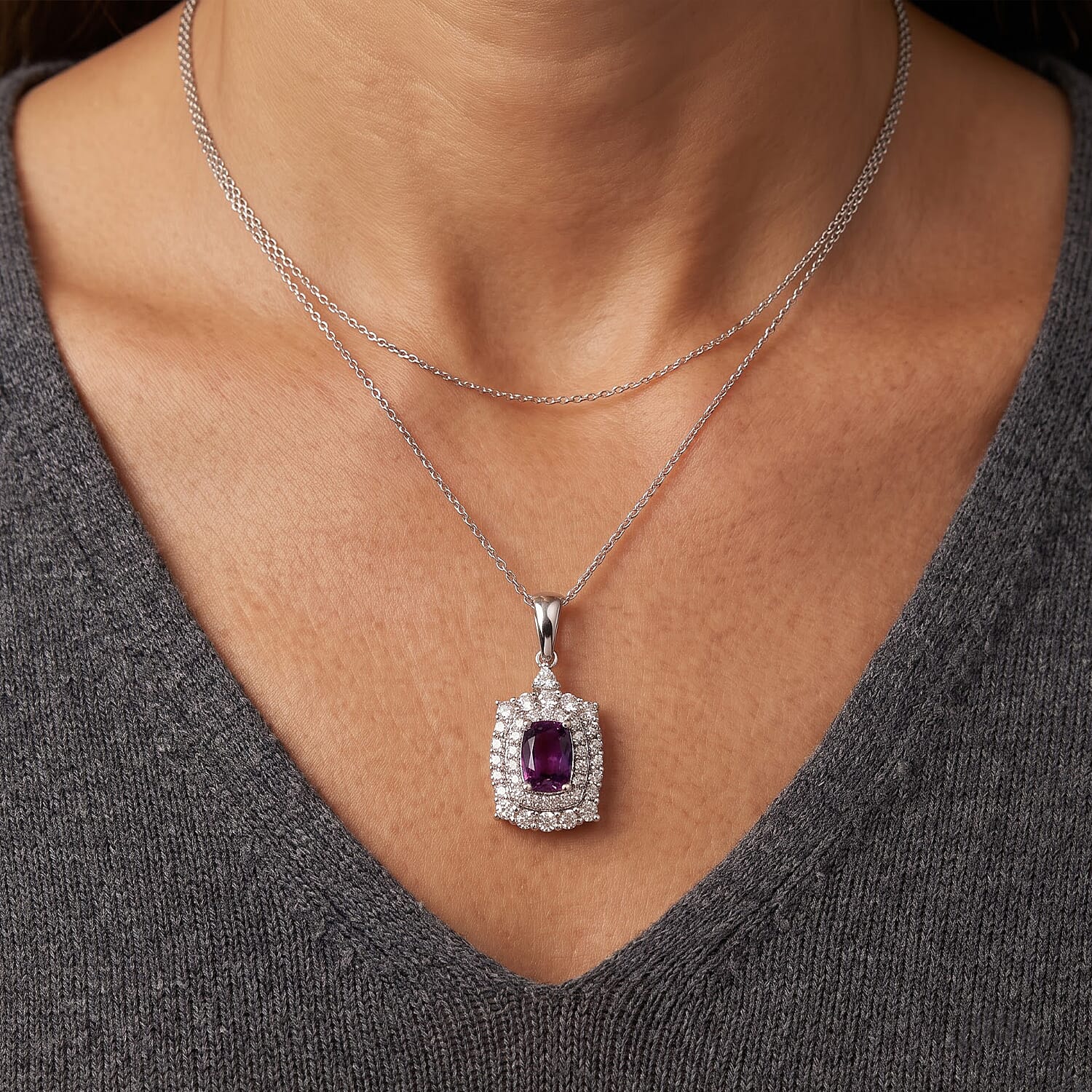 Certified and Appraised D'Joy Radiant Ember Garnet and Moissanite 1.80 ctw Pendant Necklace in Rhodium Over Sterling Silver (18 Inches)