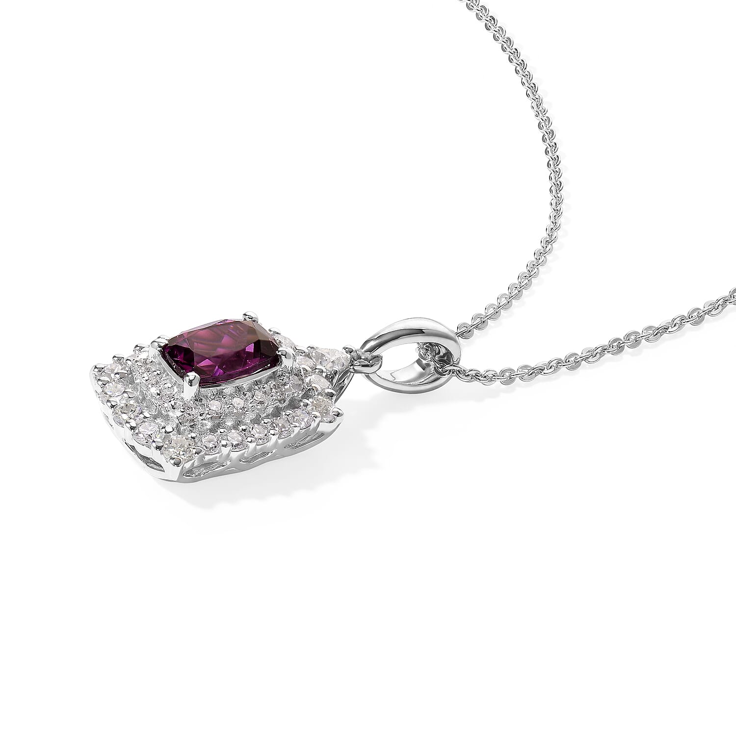 Certified and Appraised D'Joy Radiant Ember Garnet and Moissanite 1.80 ctw Pendant Necklace in Rhodium Over Sterling Silver (18 Inches)