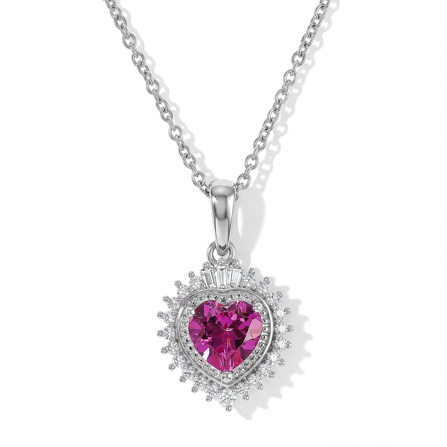 EverTrue Lab Created Pink Sapphire and Moissanite 2.85 ctw Pendant in Platinum Bond with Stainless Steel Necklace 20 Inches