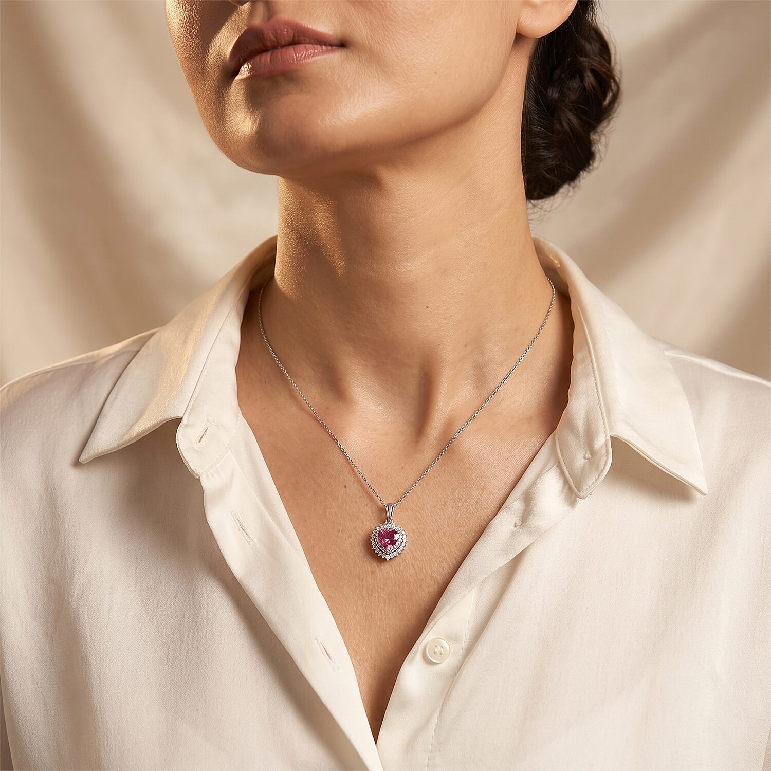 EverTrue Lab Created Pink Sapphire and Moissanite 2.85 ctw Pendant in Platinum Bond with Stainless Steel Necklace 20 Inches