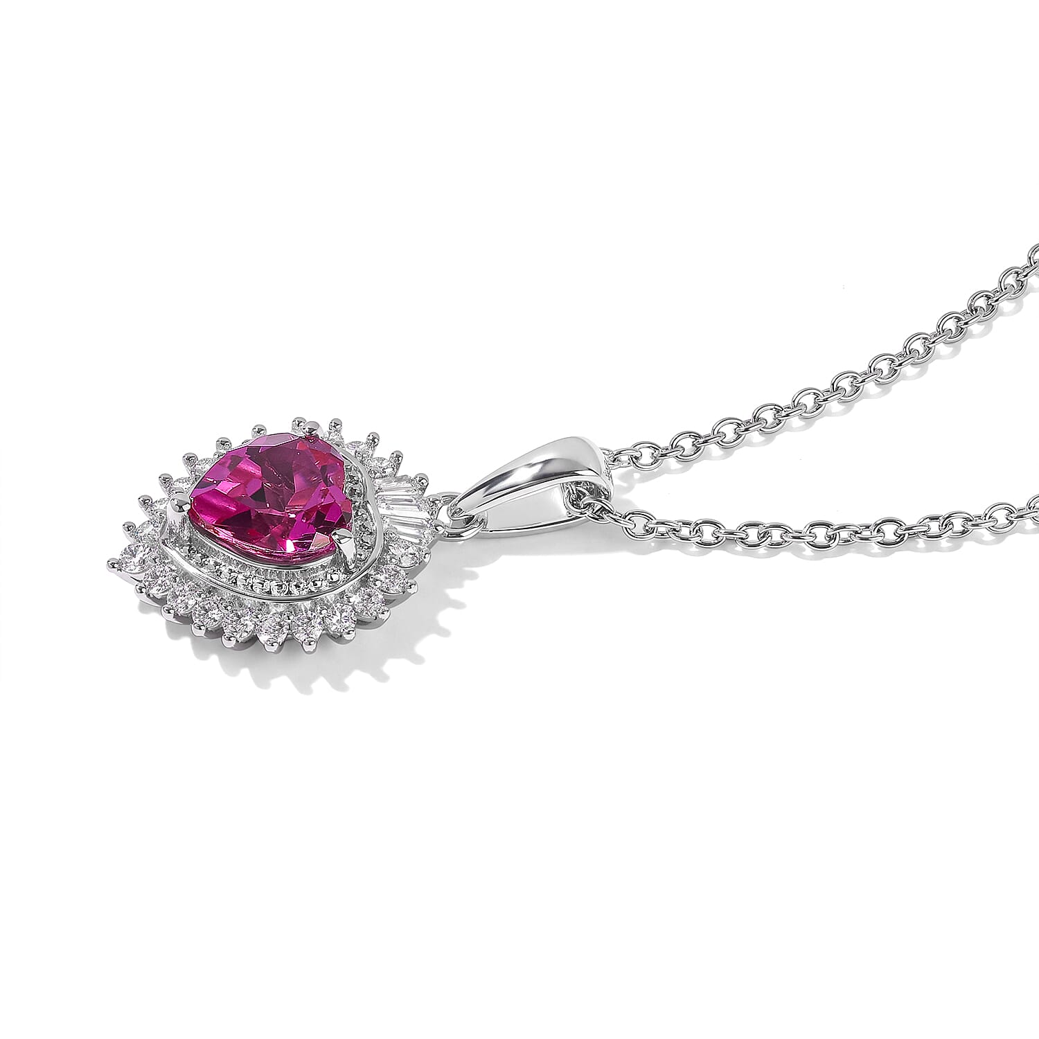 EverTrue Lab Created Pink Sapphire and Moissanite 2.85 ctw Pendant in Platinum Bond with Stainless Steel Necklace 20 Inches