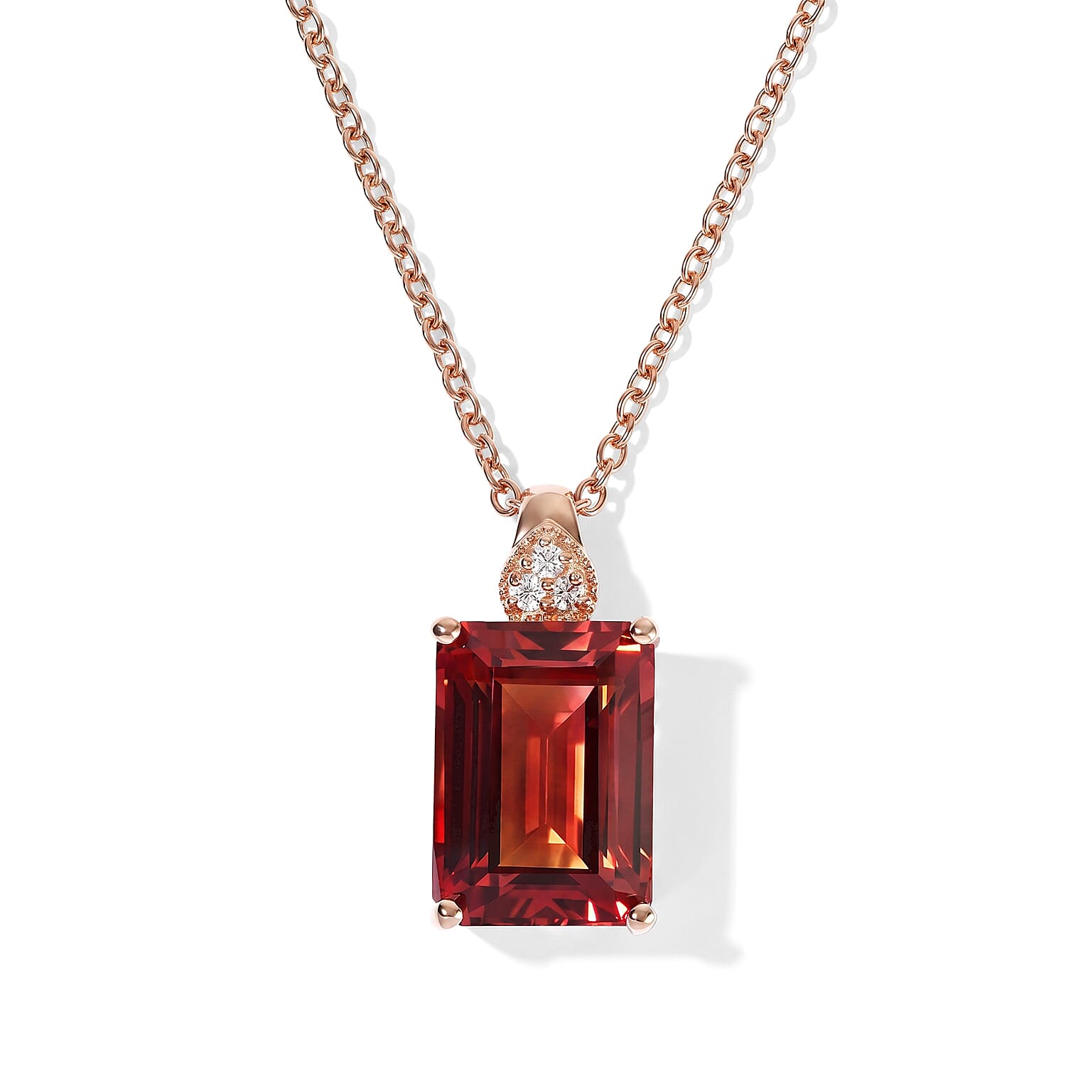 EverTrue Lab Created Padparadscha Sapphire and White Zircon 10.50 ctw Pendant in 18K RG Plated with ION Plated RG Stainless Steel Necklace 20 Inches