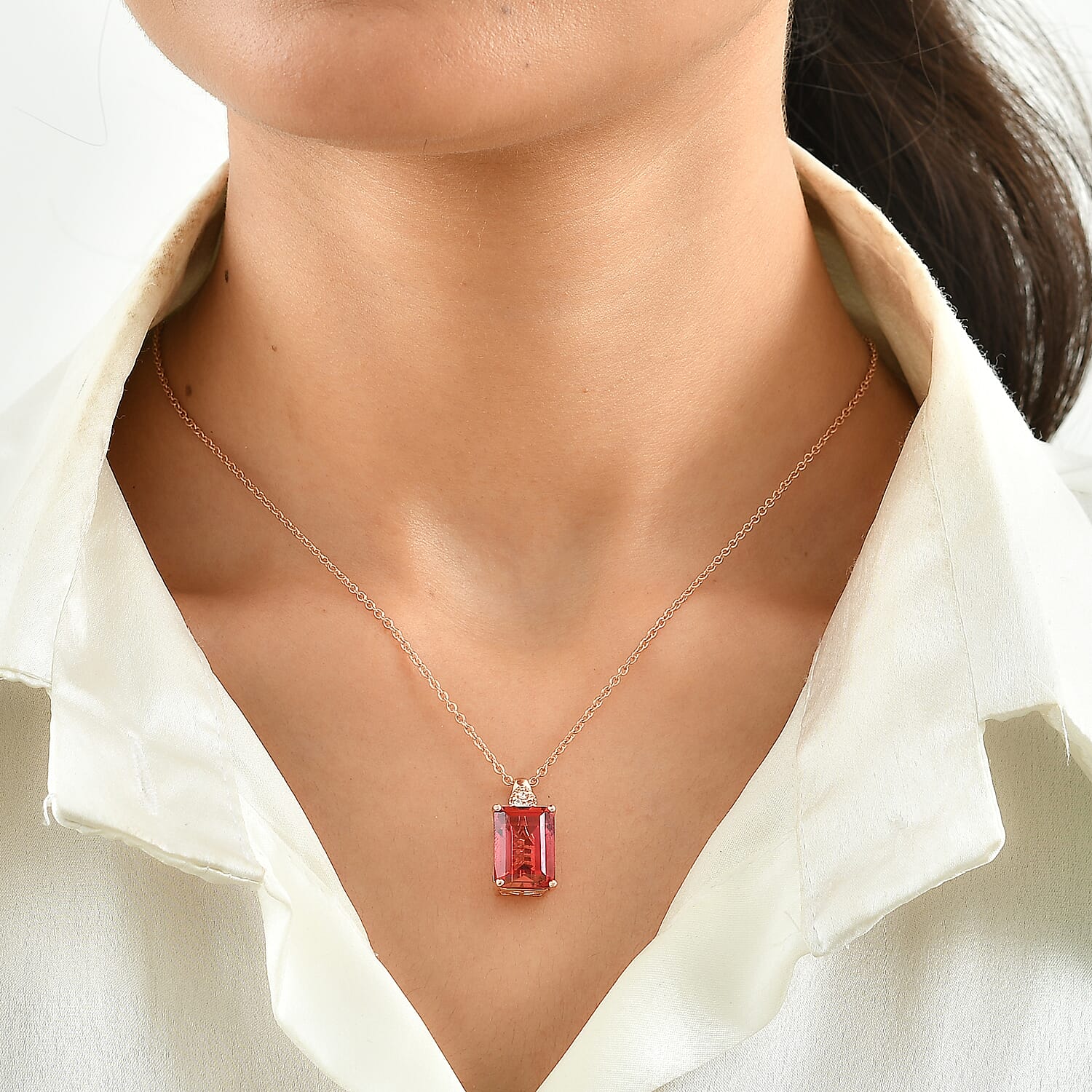 EverTrue Lab Created Padparadscha Sapphire and White Zircon 10.50 ctw Pendant in 18K RG Plated with ION Plated RG Stainless Steel Necklace 20 Inches
