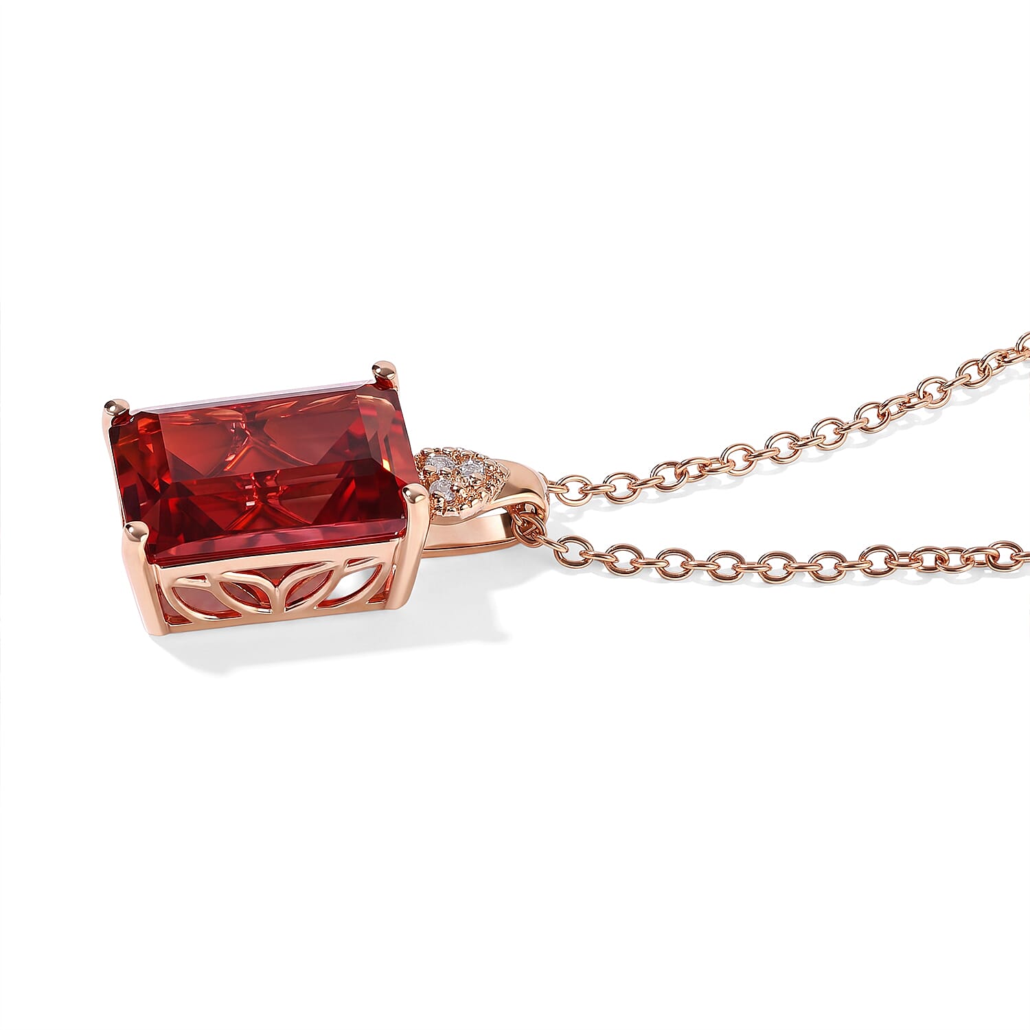 EverTrue Lab Created Padparadscha Sapphire and White Zircon 10.50 ctw Pendant in 18K RG Plated with ION Plated RG Stainless Steel Necklace 20 Inches