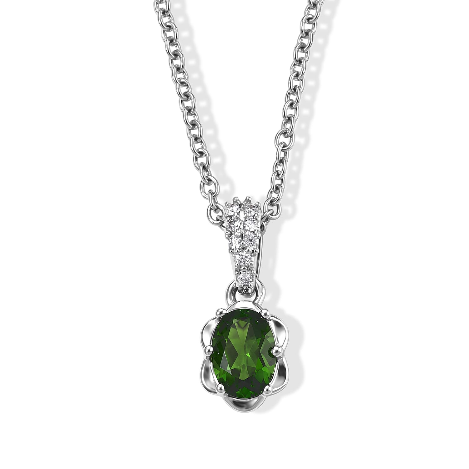 EverTrue Chrome Diopside and Simulated Diamond 0.85 ctw Pendant in Platinum Bond with Stainless Steel Necklace 20 Inches