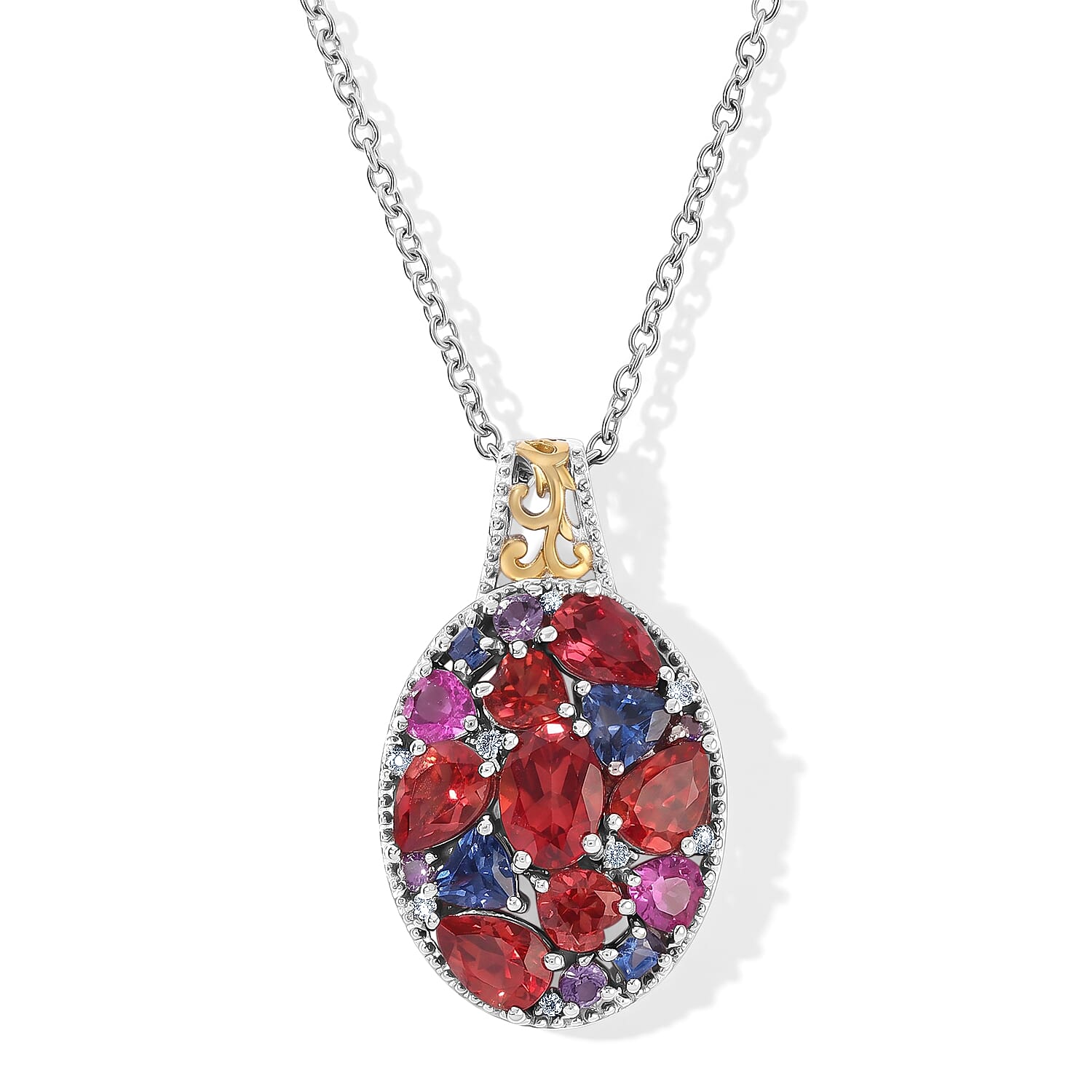 EverTrue Lab Created Multi Sapphire and White Zircon 5.30 ctw Pendant in 18K YG Plated and Platinum Bond with Stainless Steel Necklace 20 Inches