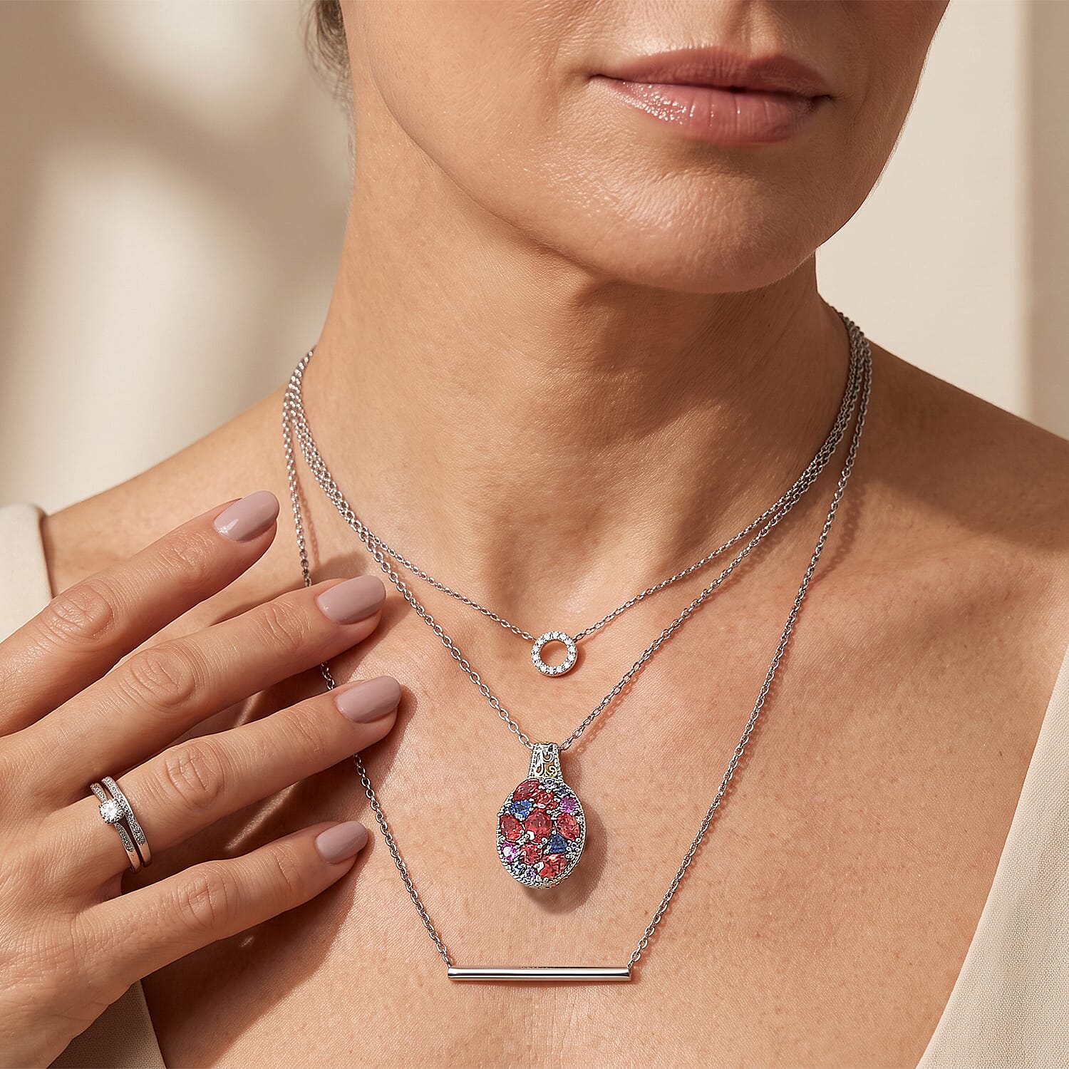 EverTrue Lab Created Multi Sapphire and White Zircon 5.30 ctw Pendant in 18K YG Plated and Platinum Bond with Stainless Steel Necklace 20 Inches