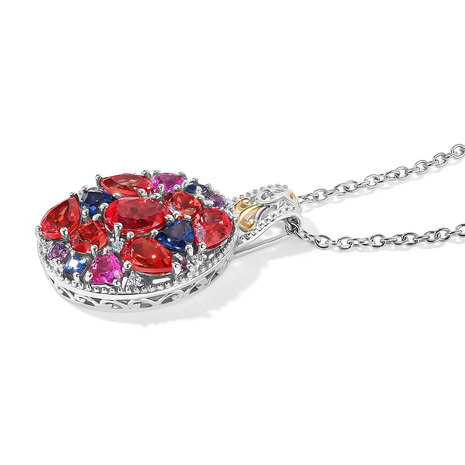 EverTrue Lab Created Multi Sapphire and White Zircon 5.30 ctw Pendant in 18K YG Plated and Platinum Bond with Stainless Steel Necklace 20 Inches
