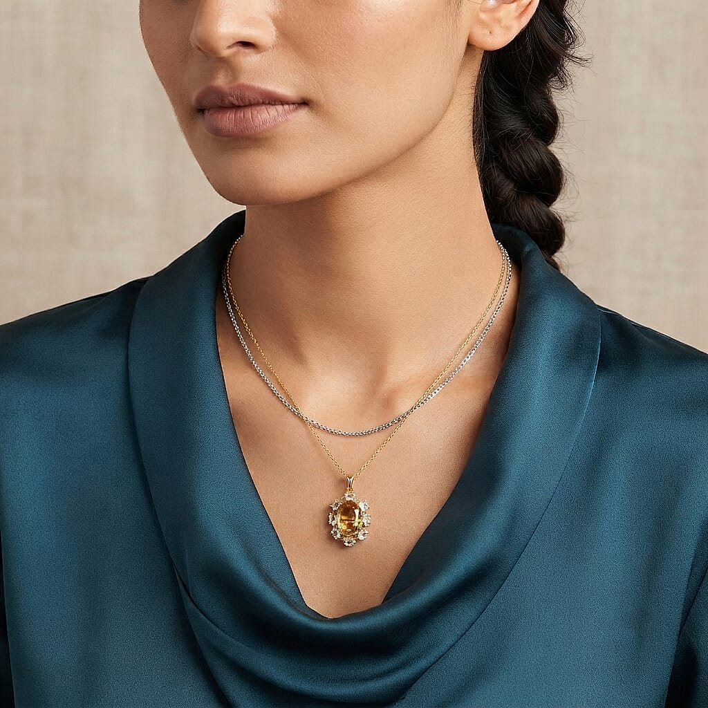 EverTrue Brazilian Citrine and White Topaz 7.50 ctw Pendant in 18K YG Plated with ION Plated YG Stainless Steel Necklace 20 Inches