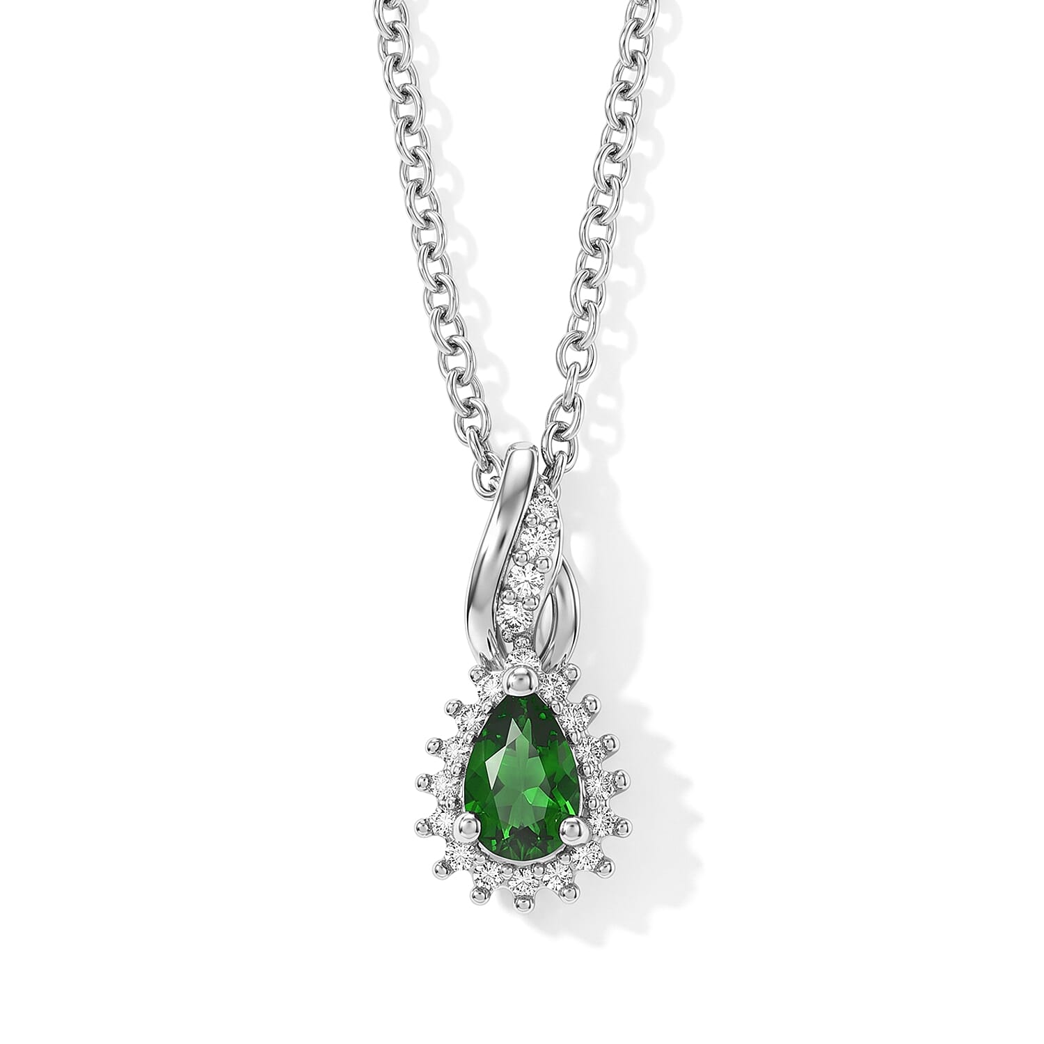 EverTrue Chrome Diopside and Simulated Diamond 0.65 ctw Pendant in Platinum Bond with Stainless Steel Necklace 20 Inches