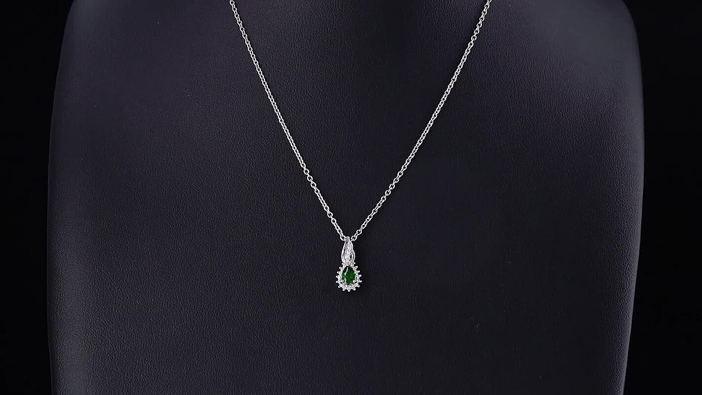 EverTrue Chrome Diopside and Simulated Diamond 0.65 ctw Pendant in Platinum Bond with Stainless Steel Necklace 20 Inches