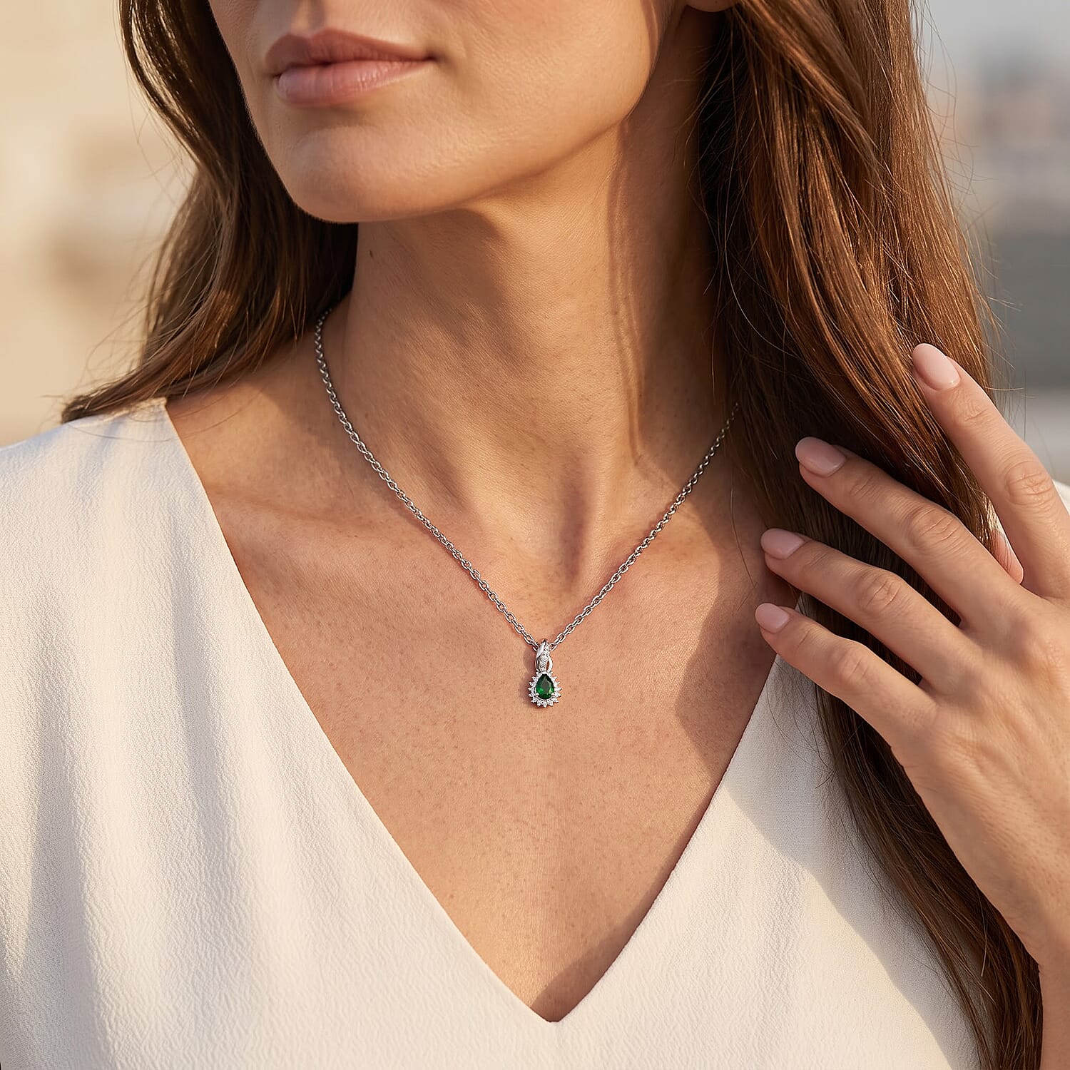 EverTrue Chrome Diopside and Simulated Diamond 0.65 ctw Pendant in Platinum Bond with Stainless Steel Necklace 20 Inches