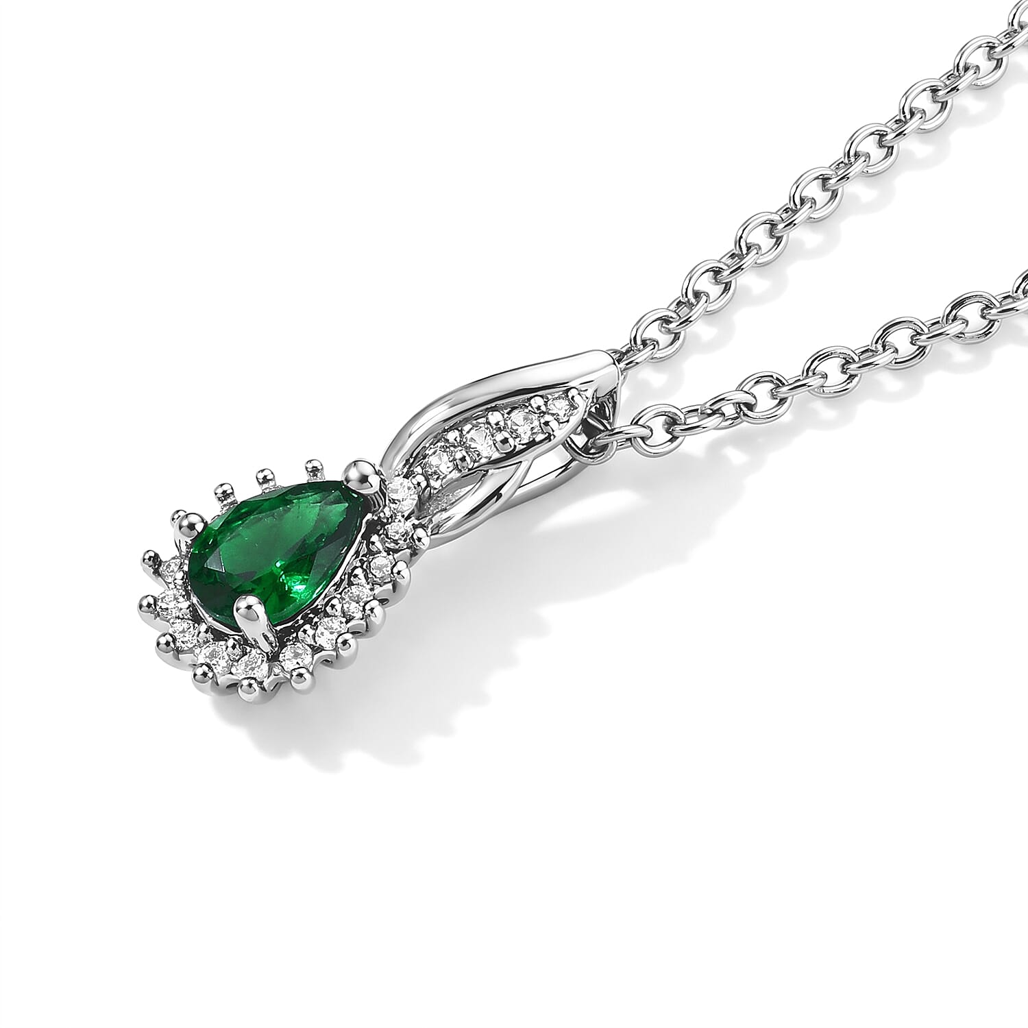 EverTrue Chrome Diopside and Simulated Diamond 0.65 ctw Pendant in Platinum Bond with Stainless Steel Necklace 20 Inches