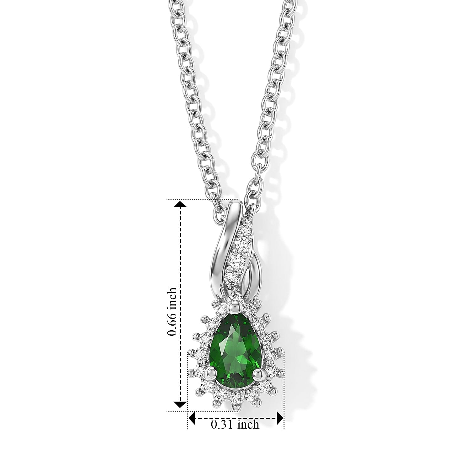 EverTrue Chrome Diopside and Simulated Diamond 0.65 ctw Pendant in Platinum Bond with Stainless Steel Necklace 20 Inches