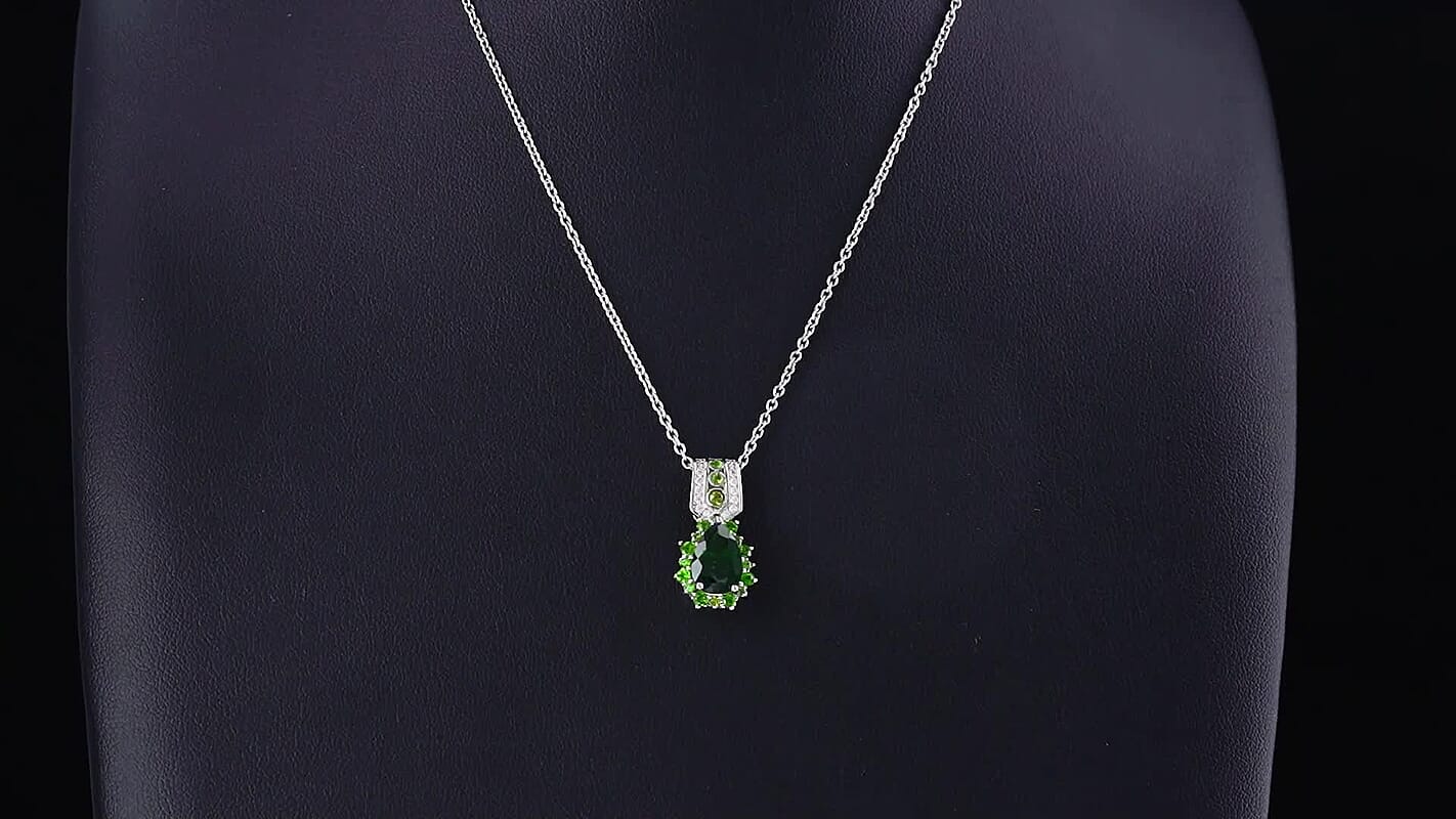 EverTrue Chrome Diopside and Simulated Diamond 2.50 ctw Pendant in Platinum Bond with Stainless Steel Necklace 20 Inches