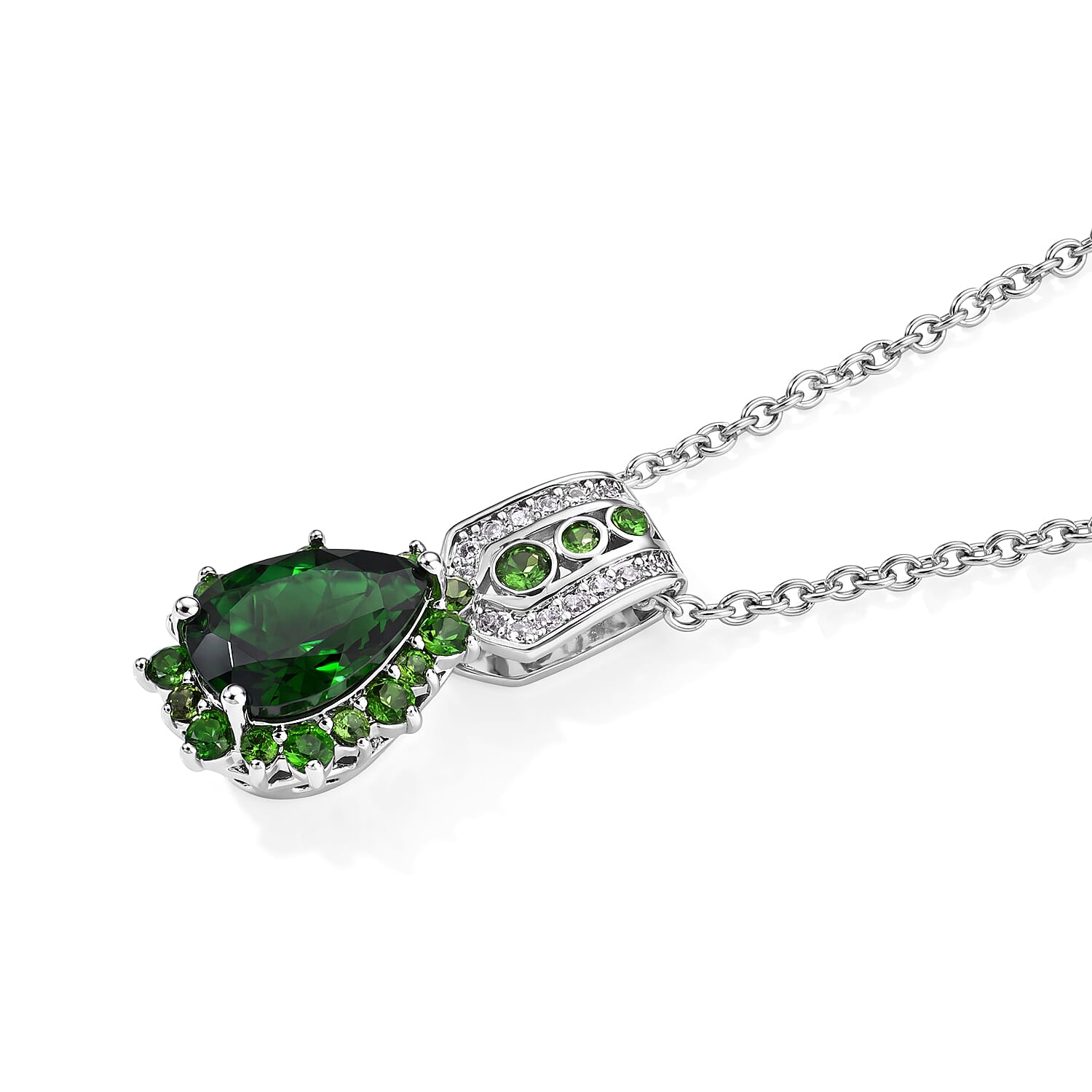 EverTrue Chrome Diopside and Simulated Diamond 2.50 ctw Pendant in Platinum Bond with Stainless Steel Necklace 20 Inches