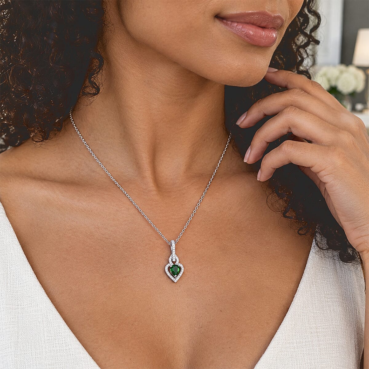 EverTrue Chrome Diopside and Simulated Diamond 1.10 ctw Pendant in Platinum Bond with Stainless Steel Necklace 20 Inches