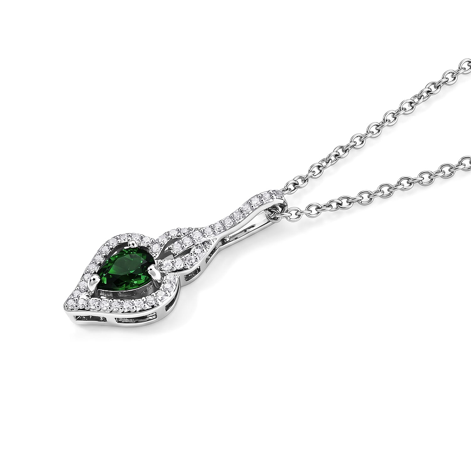 EverTrue Chrome Diopside and Simulated Diamond 1.10 ctw Pendant in Platinum Bond with Stainless Steel Necklace 20 Inches