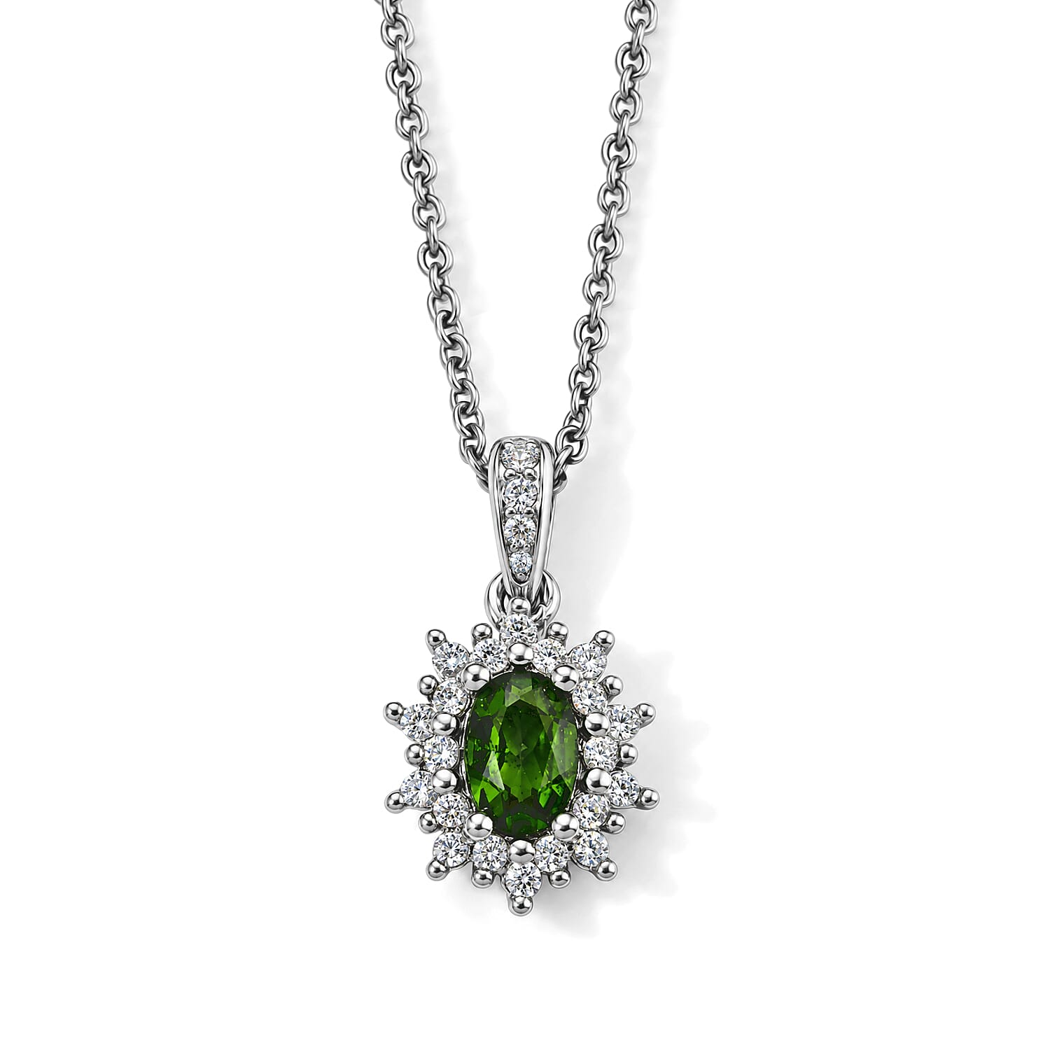 EverTrue Chrome Diopside and Simulated Diamond 1.40 ctw Pendant in Platinum Bond with Stainless Steel Necklace 20 Inches