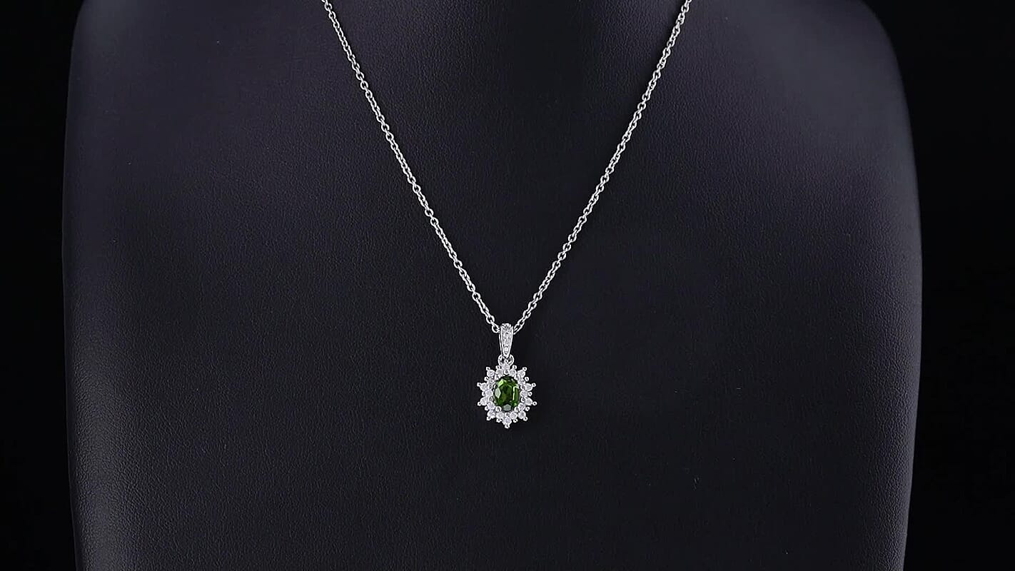 EverTrue Chrome Diopside and Simulated Diamond 1.40 ctw Pendant in Platinum Bond with Stainless Steel Necklace 20 Inches