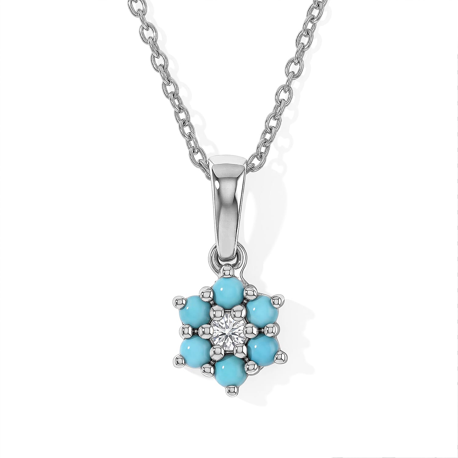 D'Joy Premium Sleeping Beauty Turquoise and White Zircon 0.40 ctw Pendant Necklace in Rhodium Over Sterling Silver 20 Inches