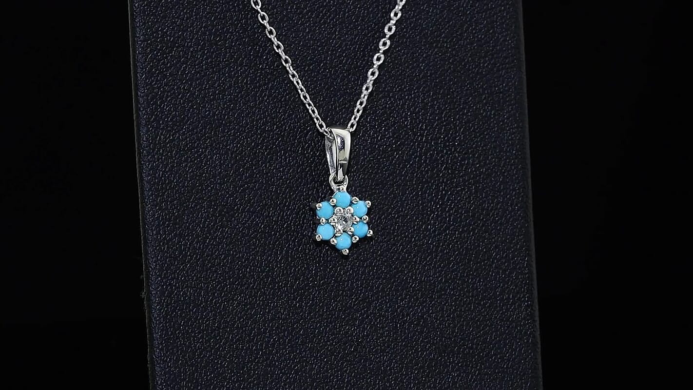D''Joy Premium Sleeping Beauty Turquoise and White Zircon 0.40 ctw Pendant Necklace in Rhodium Over Sterling Silver 20 Inches