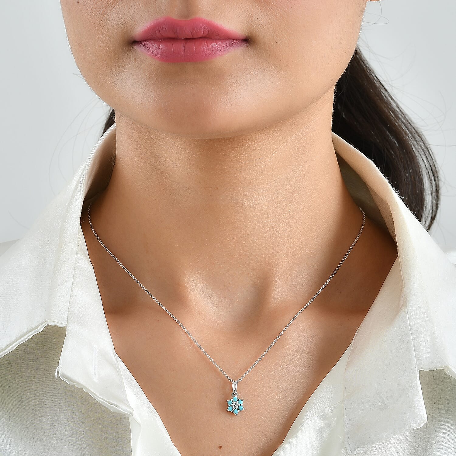 D'Joy Premium Sleeping Beauty Turquoise and White Zircon 0.40 ctw Pendant Necklace in Rhodium Over Sterling Silver 20 Inches