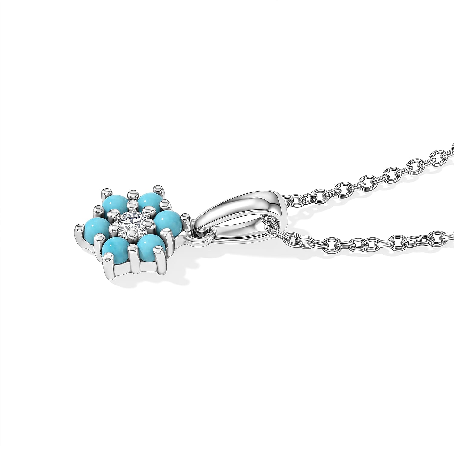 D'Joy Premium Sleeping Beauty Turquoise and White Zircon 0.40 ctw Pendant Necklace in Rhodium Over Sterling Silver 20 Inches