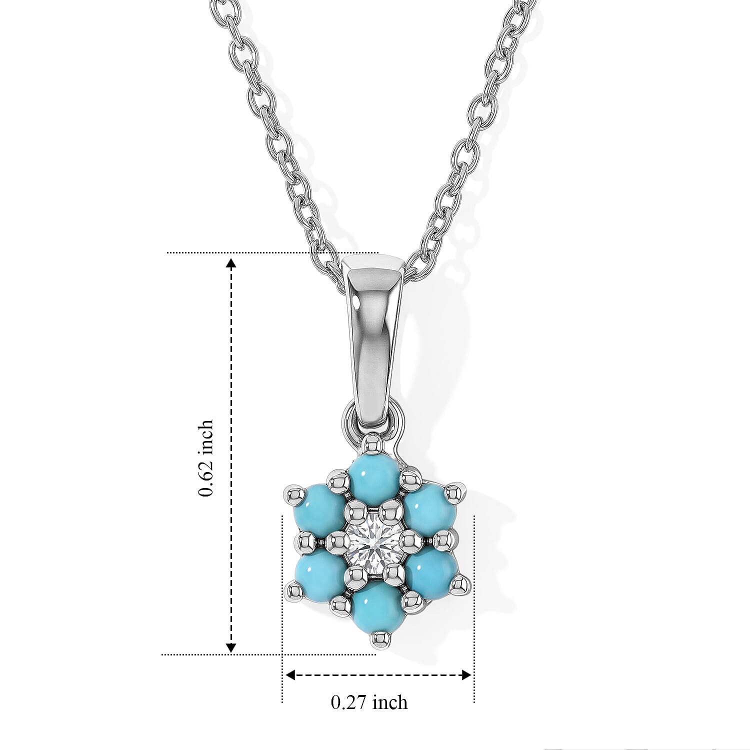 D'Joy Premium Sleeping Beauty Turquoise and White Zircon 0.40 ctw Pendant Necklace in Rhodium Over Sterling Silver 20 Inches